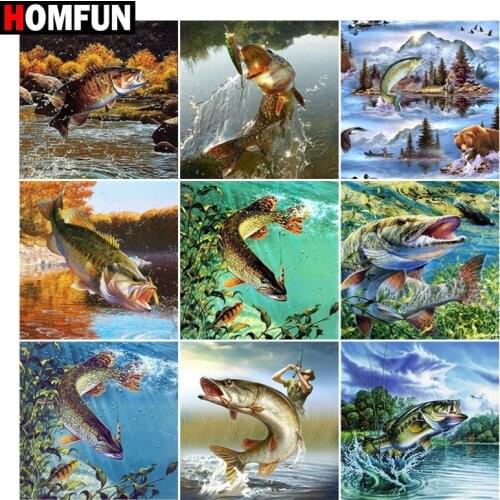 HOMFUN Paint With Diamond Embroidery "Fish ocean water" Diamond Painting Full Square Round Picture Of Rhinestone Decor