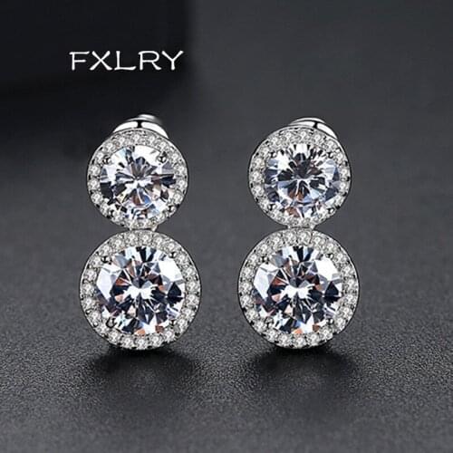FXLRY New Purple /White Color Micro Paved Zircon Geometric round Earrings Jewelry Girl Party Gift