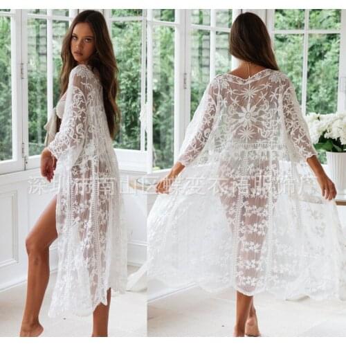 Hot Sale Ladies Summer Beac Shirt Beach Blouse Women Sexy Long Cardigan Thin Mesh Volie Lace Beach Dress Bikini Covers