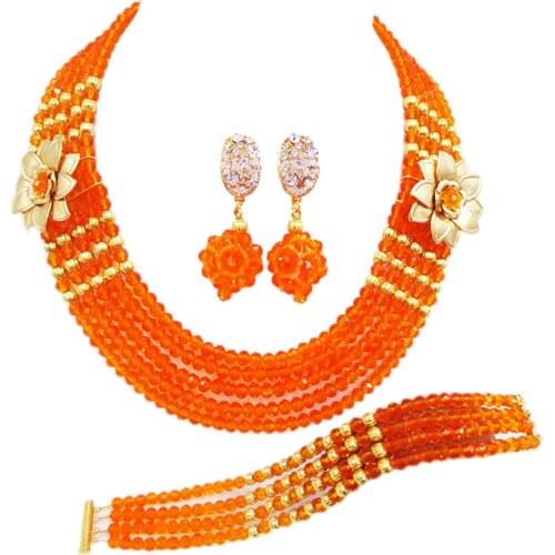 Fashion Orange Crystal Beaded Multi Strands Necklaces Sets Nigerian Wedding African Beads Jewelry Set 5-XSH14