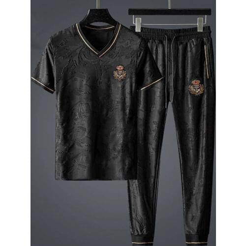 Mens casual two-piece suit Chinese style embroidery summer trend handsome short-sleeved trousers sports suit men Fashion