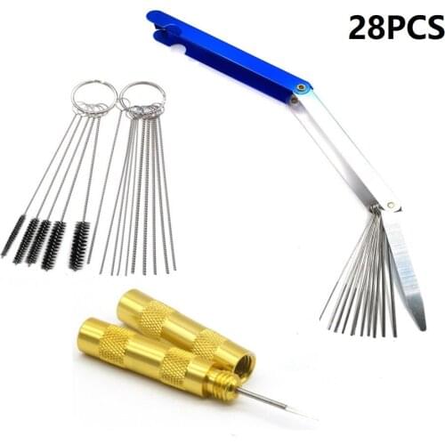 28PCS Carburetors Cleaning Tool Kit Carbon Dust Cleaner Remove Cleaner 10 Cleaning Wire Set + 12 Wire Needles + 5 Brushes