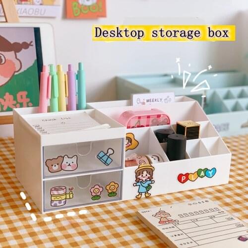 Desktop Storage Box W&G Kawaii Desktop Storage Box Three-color Pen Holder Drawer Type Cute Desktop Storage Pen Holder