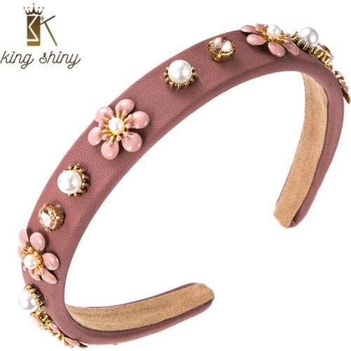 King Shiny Korean Ins Baroque Dropping Oil Flower Headband Elegant Imitation Pearl Beaded Hairband Girl Party Hair Jewelry Bezel