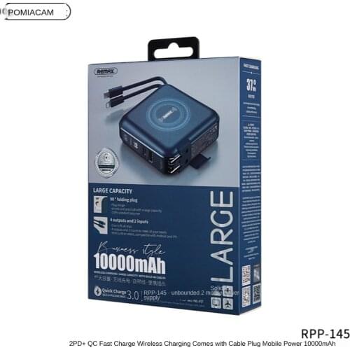 RPP-145 10000 mAh Portable Power Bank Fast Charger Powerbank Built in 2 Cables External Battery Charger Wireless charging