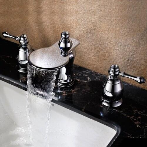 Luxury chrome Solid brass Bathroom Dual Handle Three Hole Mixer Taps Hot and cold water basin Waterfall Faucet--6658