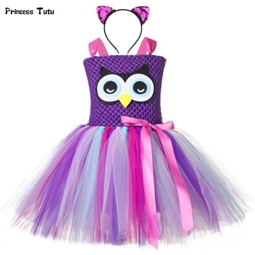 Cute Owl Girls Tutu Dress with Headband Tulle Kids Birthday Party Tutu Dresses for Girls Halloween Cosplay Animal Bird Costume