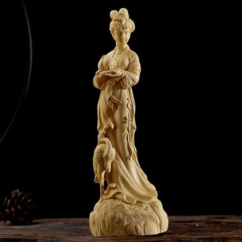 Boxwood 20cm Longevity Fairy Sculpture Feng Shui Beauty Solid Wood Statue Chinese God Home Decor