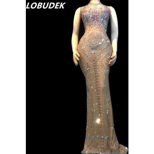 Sparkly Silvery Rhinestones Long Dress Sexy Stretch Sleeveless Trailing Dress Ladies Singer Star Prom Party Celebration Costumes