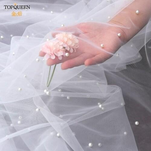 TOPQUEEN V05 Pearls Beaded Fabric Wedding Veil Photography Backdrops Swiss Voile Organza Wedding Decoration DIY Mariage Yarn