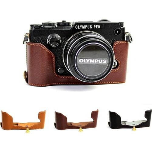 Genuine Leather Hard Half Body Case Grip For Olympus PEN-F PEN F PENF Camera Bag Take Out Battery Directly Case