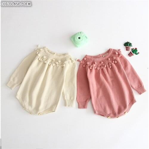 Knitting Baby Romper Autumn Newborn Baby Clothes Handmade Pompom Long Sleeve Baby Girl Boy Romper Infant Girl Jumpsuit Onesie