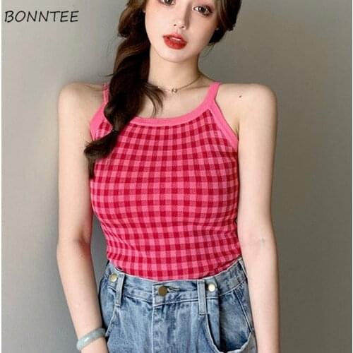Y2K Camis Women High Elasticity All-match Harajuku Elegant Aesthetic Slim Plaid Crop Top Sexy College Sweet Design Quality Tunic