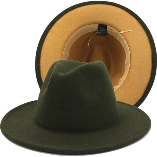New Outer Amry Green Inner Tan Fashion Coloring Match Women Men Spring Bright Colors Vintage Jazz Panama Fedora Hat