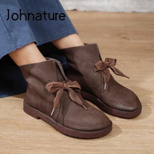 Johnature 2021 New Autumn Winter Ankle Boots Women Shoes Genuine Leather Lace-Up Flat With Concise Handmade Retro Platform Boots