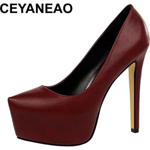CEYANEAOSexy Club Ladies13.5CMThin High Heels Platform 5.5CM Pumps Women Spring/Autumn Shallow Slip-On Pointed Toe PU Party Pump