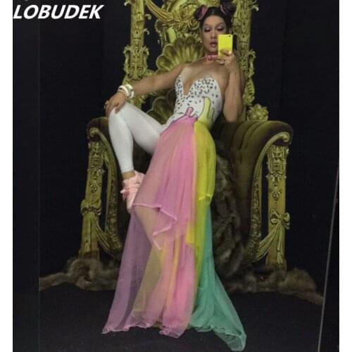 Female Costume Colorful Crystals Mesh Fringe Jumpsuit Birthday Singer Dancer Nightclub Stage Party Bar Performance Jumpsuits