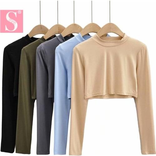 STVY 2020 Spring Autumn Crop Tops For Women 2020 Sexy Female O-neck Long-sleeve Slim Short Style Solid T-shirts Women