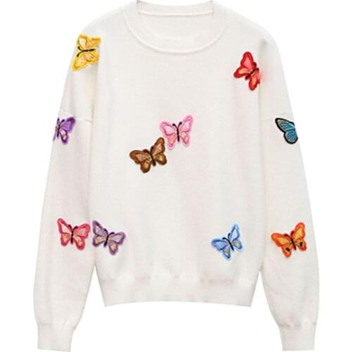 2019 Korean Women Knitted Embroidered Pullover Sweater Womens Butterfly Flower Sweater Femme Tricot Pull Autumn sweater fem