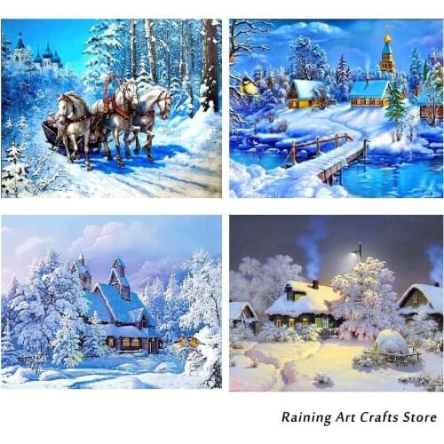 Diy 5D Diamond Painting Winter Snow House Nature Landscape Full Drill Embroidery Horse Mosaic Picture of Rhinestones Home Decor