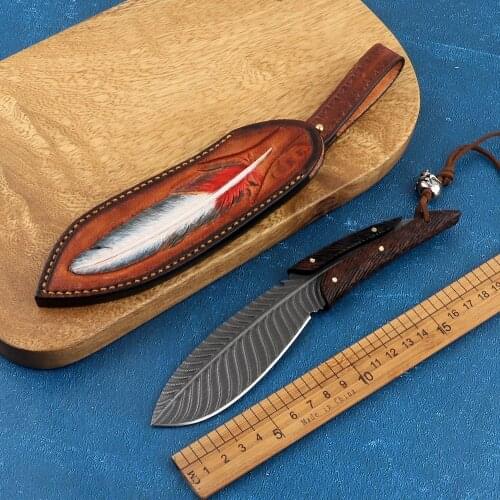 Damascus steel wooden handle feather fixed straight knife tactical outdoor camping mountaineering hunting survival tool knife
