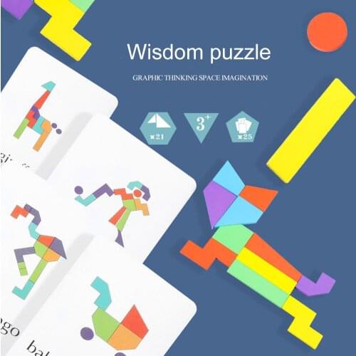 Children Wooden DIY Tangram Jigsaw Puzzle Game Kids Early Educational Toy Drawing Board Games Toy Gift for Children Brain Tease