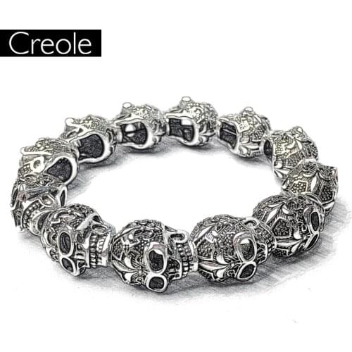 Europe Silver Fleur-de-lis Lily & Skull Punk Bead Elastic Heart Bracelet, Sterling Silver Rebel Punk Jewelry for Men