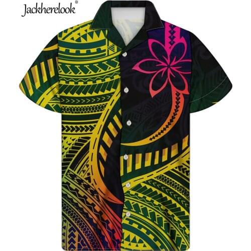 Jackherelook Short Sleeve Hawaiian Men Shirts Colorful Polynesian Tattoo Samoa Hibiscus Floral Print Summer Beach Tops Shirt