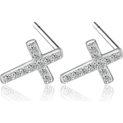 Hot Cool CZ Crystal Cross Stud Earrings for Women 925 Sterling Silver Wedding Bride Brincos Jewelry Best Gift