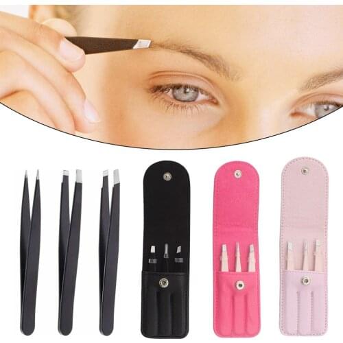 Hot! 3PCS/Set Eyebrow Tweezers Stainless Steel Point Tip/Slant Tip/Flat Tip Hair Removal Makeup Tools Eye Brow Clips with Case