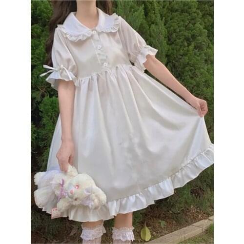 Hstar Summer Sweet Peter Pan Collar White A-line Dress Women Reffle Botton Simple Cute Fairy Dress Japanese Harajuku Vestidos