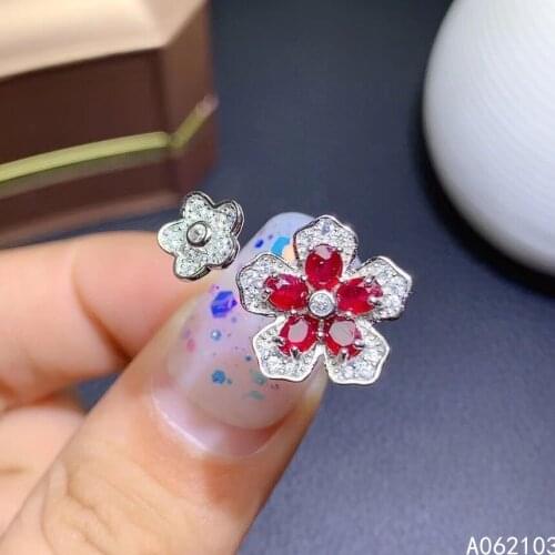 KJJEAXCMY fine jewelry 925 sterling silver inlaid natural ruby Womens popular flower open adjustable gem ring support detection