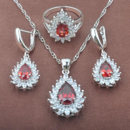 Exquisite Red & White Zircon Womens Silver Color Jewelry Sets Necklace Pendant Earrings Ring TZ0390