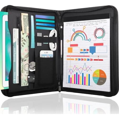 Zippered Leather Padfolio Portfolio Folder,Professional Interview Resume Document Organizer with 11 Inch Tablet Sleeve for ipad
