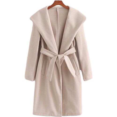 Nice Casual Woman Oversized Sashes Hooded Woolen Coat Fad Fashion Ladies Autumn Loose Camel Outwear Female Elegant Warm Jacket