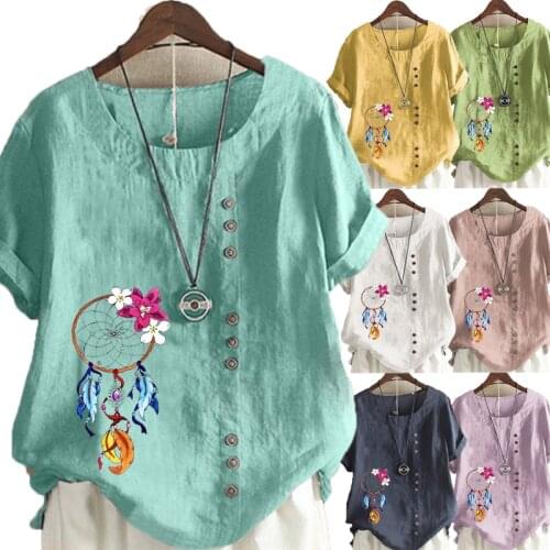 Summer Casual Dreamcacther Print Loose T-shirts Vintage Cotton and Linen O-Neck Plus Size Short Sleeve Blouse Tops For Women