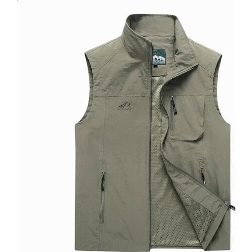 Plus Size M-7XL Summer Quick Drying Vest Men Outwear Breathable Mesh Tactical Vest Stand Collar Waistcoat Coat Chaleco Hombre