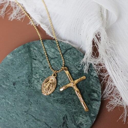 MODAGIRL Gold Virgin Mary Cross Crucifix Pendant Necklace Catholic Orthodox Jewelry Woman Stainless steel Necklace for Man