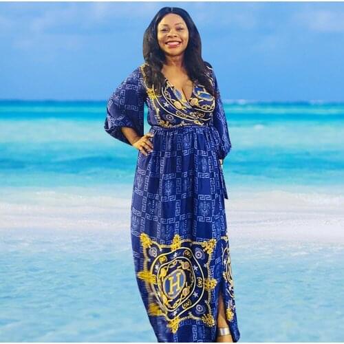 Africaine Femme Robe 2021 Sexy V-collar Party Long Dress African Bobo Puff Sleeve Printing Fashion Boubou Split Elastic Dresses