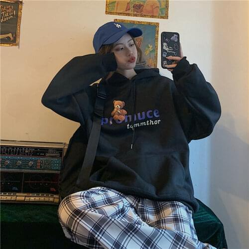 Plush and thick hooded Hong Kong style womens fashion new autumn and winter loose and lazy top