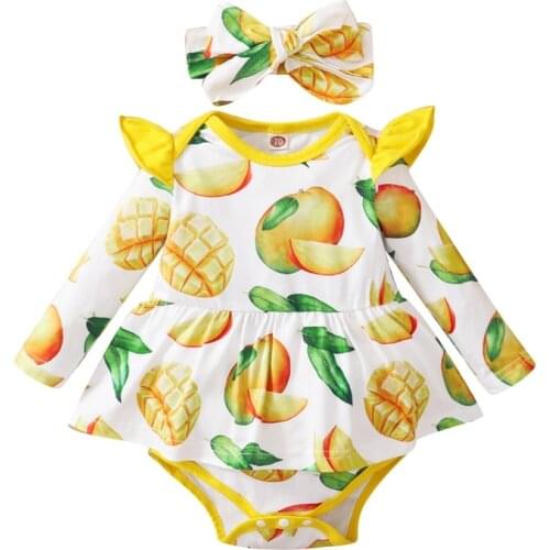 Baby Girl’s Casual Long Sleeve Romper Bodysuit Fashion Fruit Printing Hem Jumpsuits and Headband