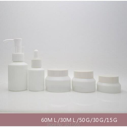 10pcs/lot 60ML Empty Lotion Pump Bottle, 30ML DIY White Glass Cosmetic Dropper Container, 15G 30G 50G Elegant Glass Cream Pot