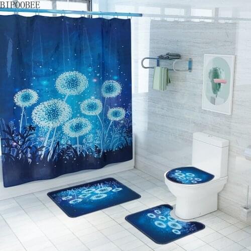 Dandelion Printed Shower Curtain Set for Bathroom Decor Polyester Waterproof Bath Curtains Toilet Lid Cover Mat Anti-slip Rugs