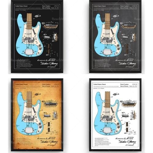 Fender Precision Bass Guitar 1961 Colourised Patent Print Wall Art Poster Blueprint Gifts