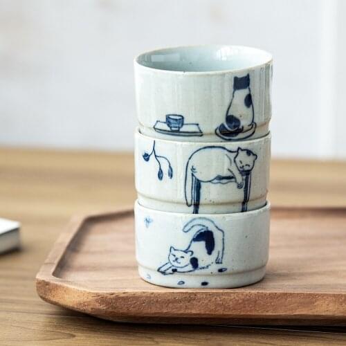 Japanese blue and white cat cartoon hand painted tea cup teacup tea water set single handmade ceramic cup