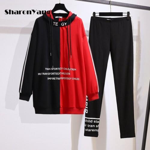 6XL Autumn Hooded Letter Color Block Sweatshirt Women Plus Size Loose Long Sleeve Hoodie Casual Suits Women Pullovers Two-piece