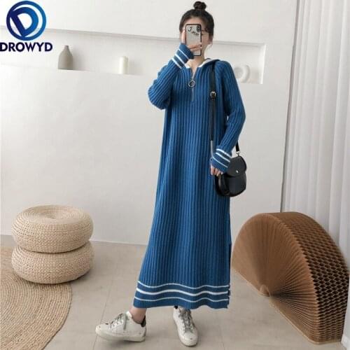 2021 Autumn and Winter Super Long Loose Straight Hooded Thick Knitted Dress Striped Sweater Dress Women Stretch Pullover Dresses