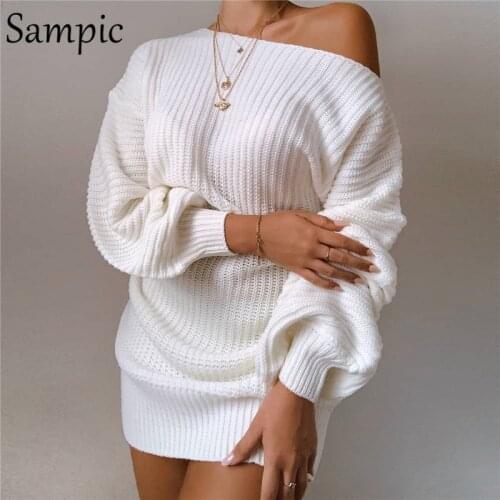 Sampic Women Winter Party Club Long Sleeve Sweater Knitted White Mini Dress Sexy Women Casual Off Shoulder Loose Short Dress