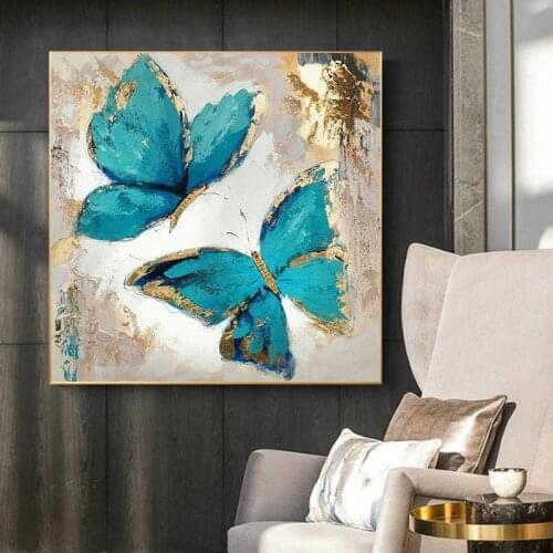 Golden Blue-gold Beautiful Butterflies Canvas Abstract Painting Posters Prints Wall Art Pictures for Living Room Decor Cuadros