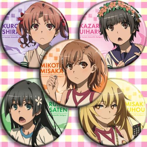 1pc 58mm Toaru Kagaku no Railgun Misaka Mikoto Misaka Mikoto Shirai Kuroko Badges Brooch Pins